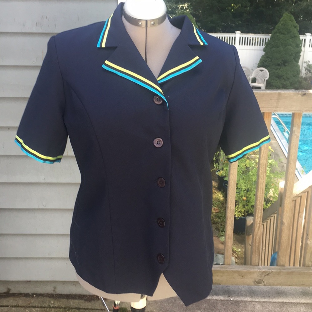Navy blue top with lime & turquiose ribbon edging